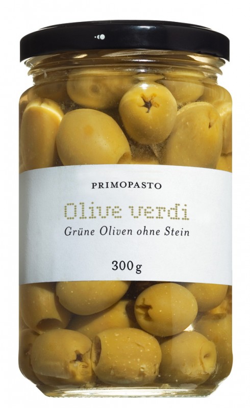 Olive verdi snocciolate, olive verdi in salamoia, denocciolate, primopasto - 300 grammi - Bicchiere
