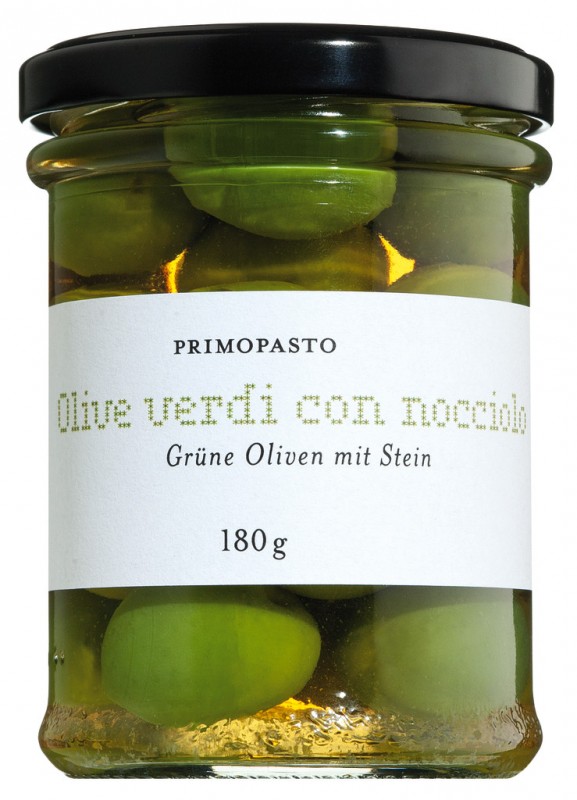 Oliivi verdi con nocciolo, suuret vihreat oliivit suolavedessa, primopasto - 180 g - Lasi