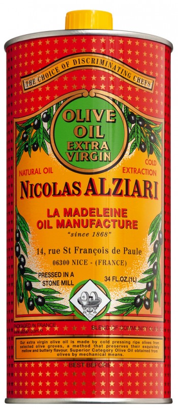 Olivenöl Extra Vierge, Fruite Intense, Alziari, rot-gelbe Dose - 1 l - Dose Olivenöl Extra Vierge, Fruite Intense, Alziari, rot-gelbe Dose - 1 l - Dose