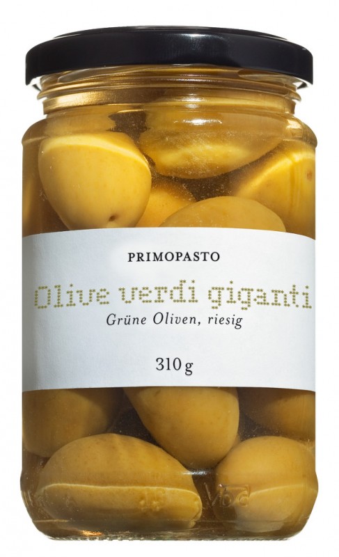 Olive verdi giganti, verdes, olives extragrans amb pinyol, en salmorra, primopasto - 300 g - Vidre