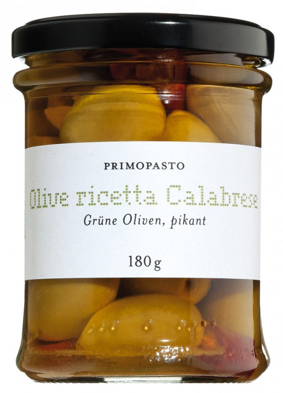 Azeitona ricetta calabrese, azeitonas verdes em conserva com especiarias, primopasto - 180g - Vidro