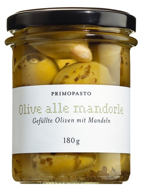 Olive verdi con mandorle, grona oliver i olja, fyllda med mandel, primopasto - 180 g - Glas