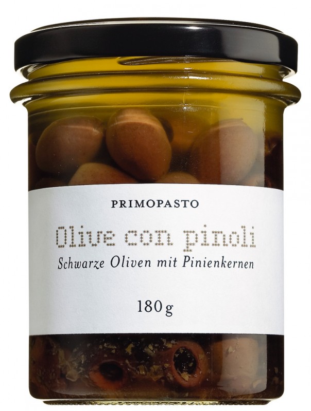Oliivi nere con pinoli, kivettomia mustia oliiveja pinjansiemenilla, primopasto - 180 g - Lasi
