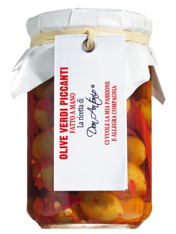 Olive verdi piccanti, olive verdi, sott`aceto piccante, Don Antonio - 280 g - Bicchiere