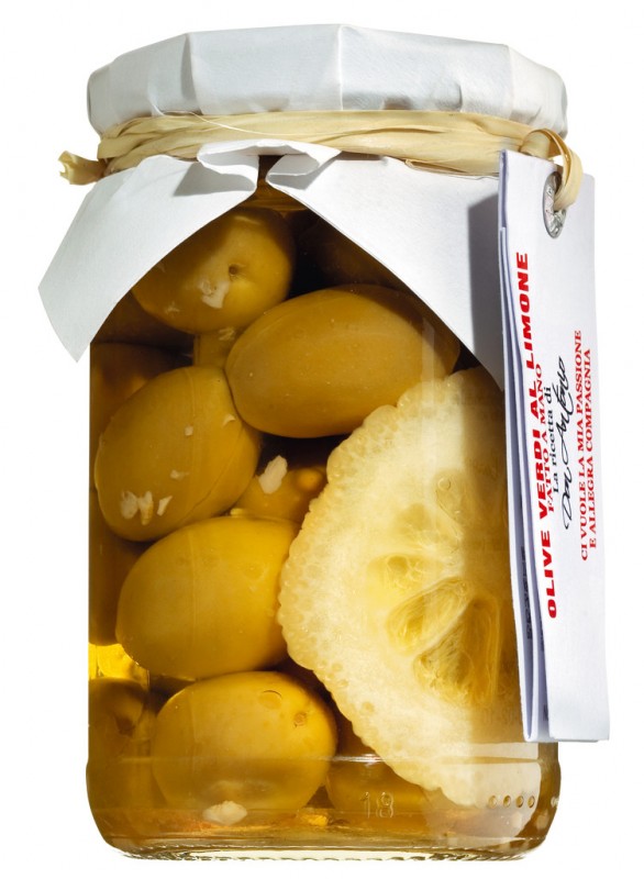 Zaitun verdi al limone, zaitun hijau dengan lemon, Don Antonio - 280 gram - Kaca Zaitun verdi al limone, zaitun hijau dengan lemon, Don Antonio - 280 gram - Kaca