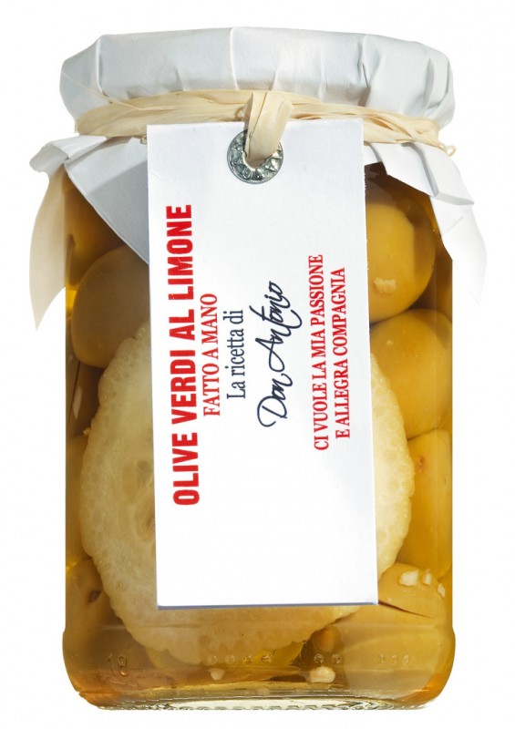 Zaitun verdi al limone, zaitun hijau dengan lemon, Don Antonio - 280 gram - Kaca Zaitun verdi al limone, zaitun hijau dengan lemon, Don Antonio - 280 gram - Kaca