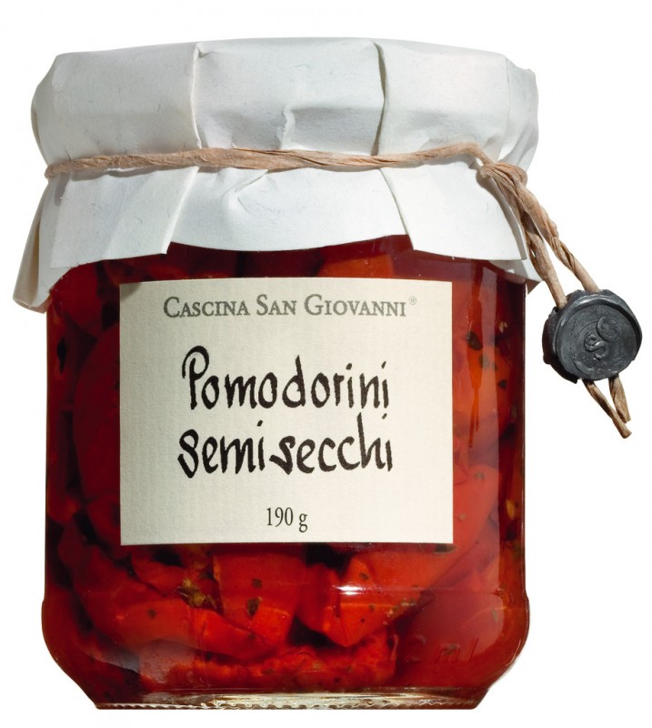 Pomodorini semisecchi sott`olio, halfthurrkadhir kirsuberjatomatar i oliu, Cascina San Giovanni - 190g - Gler