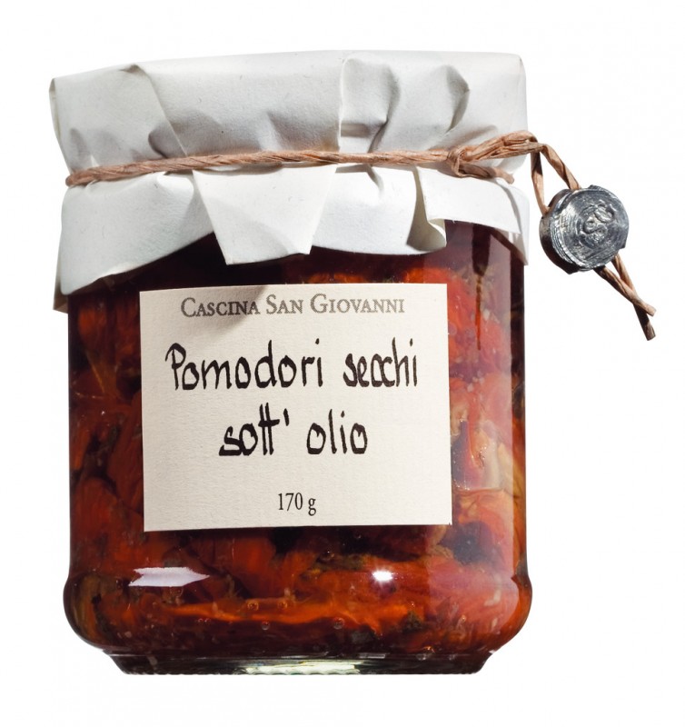 Pomodori secchi sott`olio, soltoerkede tomater i olivenolje, Cascina San Giovanni - 180 g - Glass