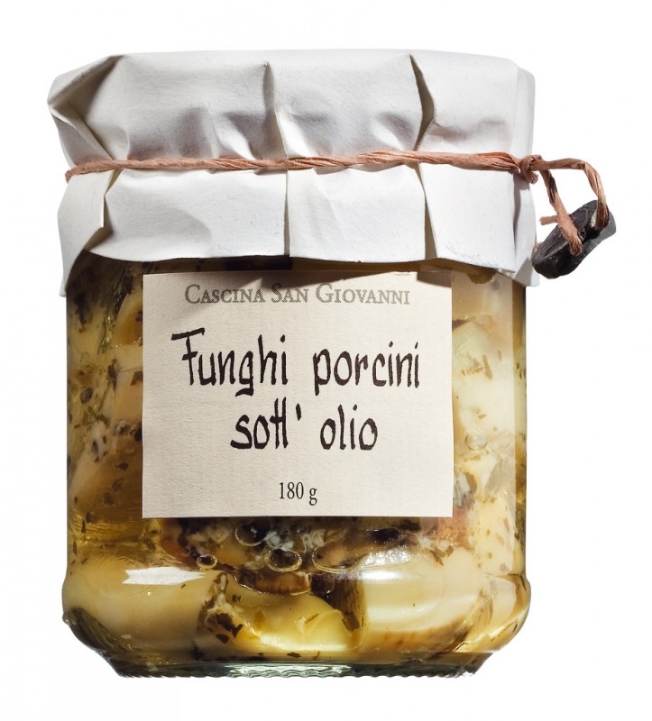 Funghi porcini sott`olio, porcini-sopp i olivenolje, Cascina San Giovanni - 180 g - Glass
