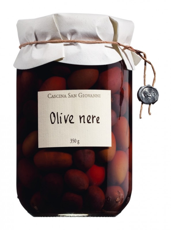 Oliivi nere, mustat oliivit suolavedessa, Cascina San Giovanni - 350g - Lasi