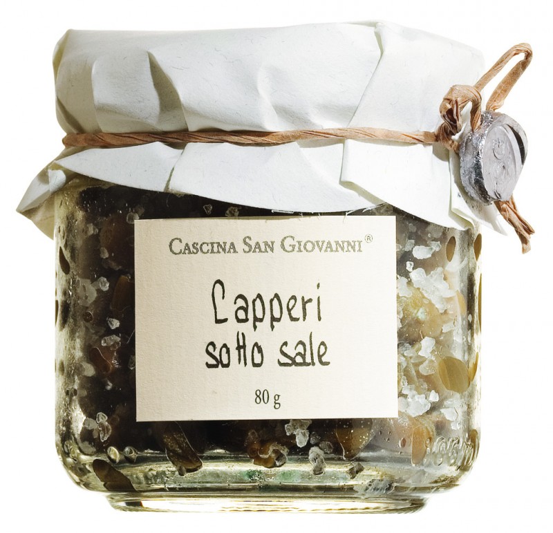 Jualan capperi sotto, caper dalam garam laut, Cascina San Giovanni - 80g - kaca