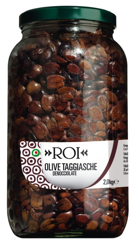 Oliivi Taggiasche asciutte, Taggiasca-oliivit, kivettomia ja kuivattuja, Olio Roi - 1,800 g - Lasi