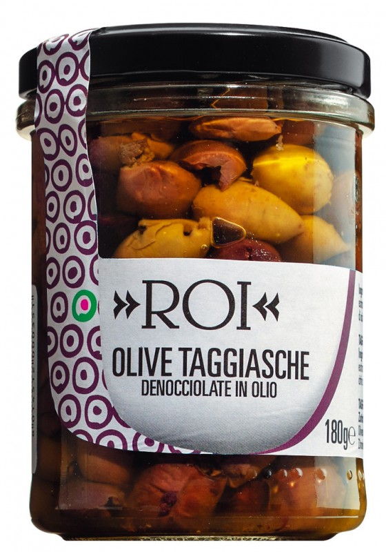 Oliivi Taggiasche sott`olio, oliivit oliivioljyssa, ilman kivea, Olio Roi - 180 g - Lasi