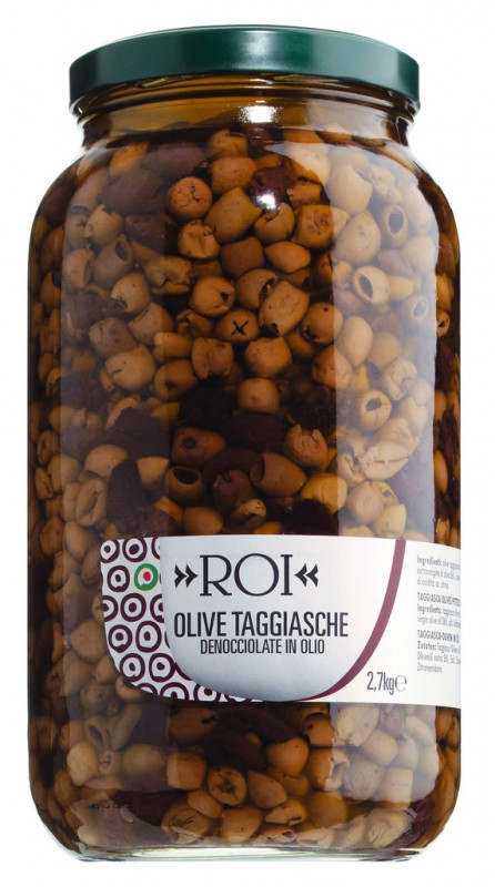 Olive Taggiasche sott`olio, aceitunas en aceite de oliva, sin hueso, Olio Roi - 2700g - Vaso