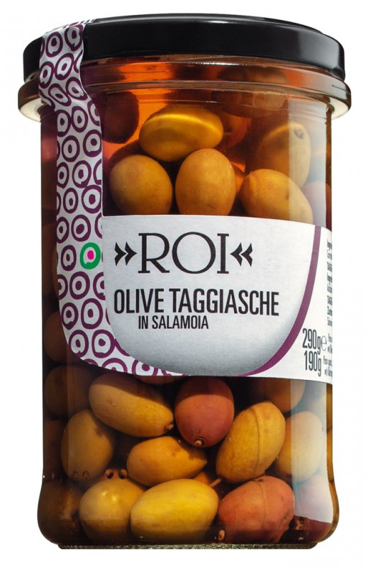 Zaitun Taggiasche dalam salamoia, zaitun Taggiasca dalam air garam, Olio Roi - 290 gram - Kaca