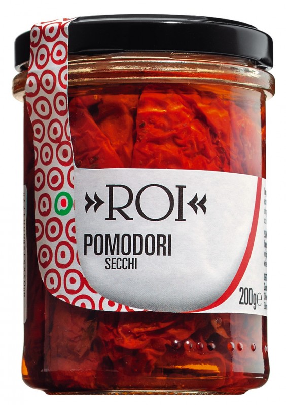 Pomodori secchi sott`olio, torkade tomater i olivolja, Olio Roi - 200 g - Glas