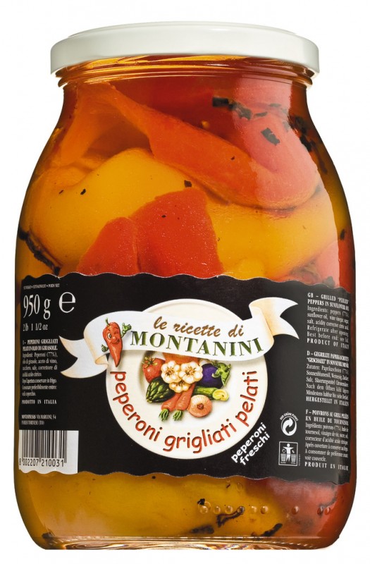 Pepperoni grigliati sott`olio, pepperfileter, grillet, i olje, Montanini - 950 g - Glass