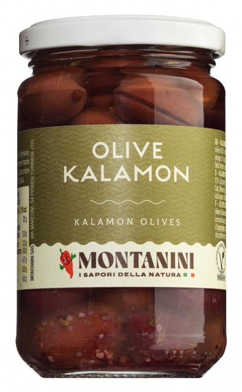 Olive Kalamata, Kalamata olijven met steen, in olie, Montanini - 280 g - glas