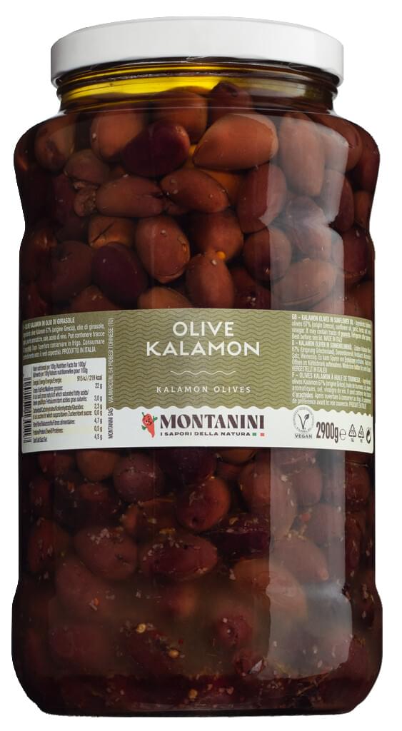 Olives Kalamata, Kalamata - olives amb pinyol, en oli, Montanini - 2.900 g - Vidre