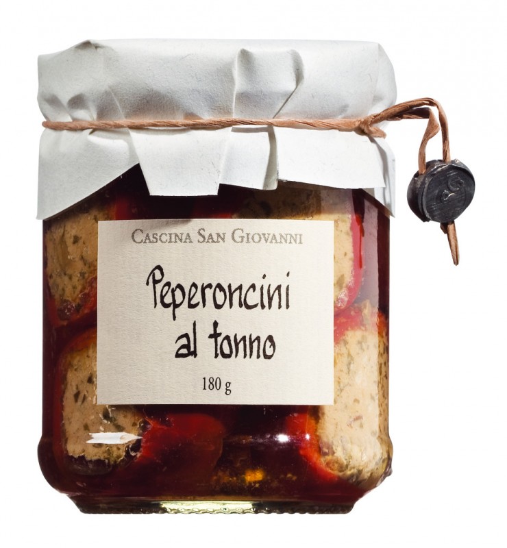 Peperoncini farciti al tonno, pimentao cereja pequeno, com farsa de atum, Cascina San Giovanni - 180g - Vidro