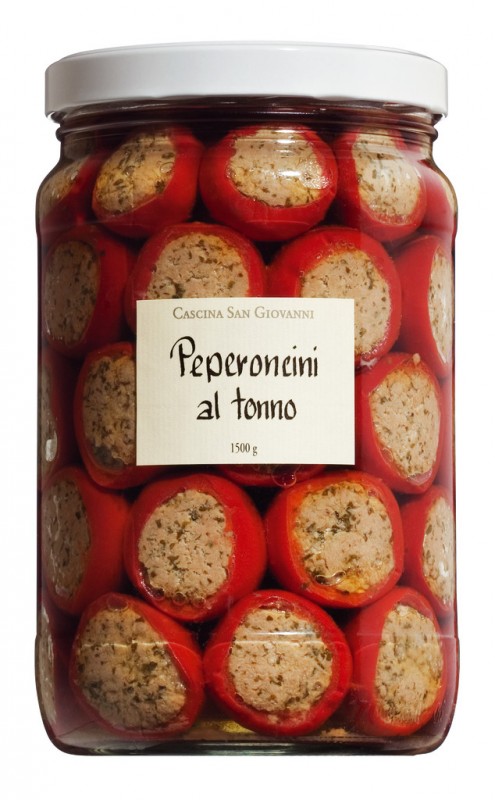 Peperoncini farciti al tonno, pimentao cereja pequeno, com farsa de atum, Cascina San Giovanni - 1.500g - Vidro