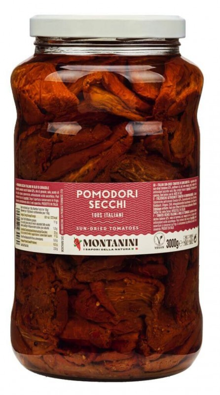 Pomodori secchi sott`olio, tomat dikeringkan dalam minyak, Montanini - 3.000 gram - Kaca