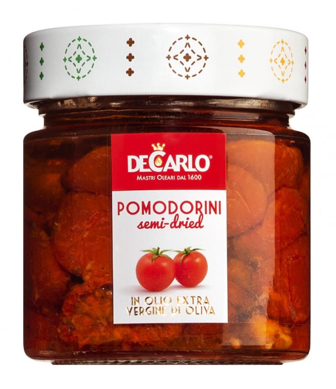 Pomodori semisecchi sott`olio, tomates semisecos en aceite, De Carlo - 200 gramos - Vaso