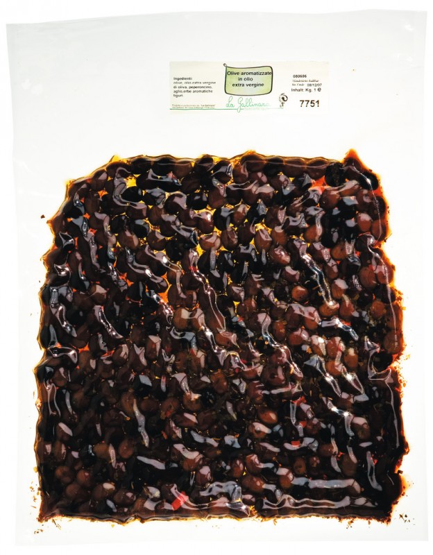 Olive nere aromatizzate, Olive nere speziate con nocciolo, La Gallinara - 1.000 g - pacchetto