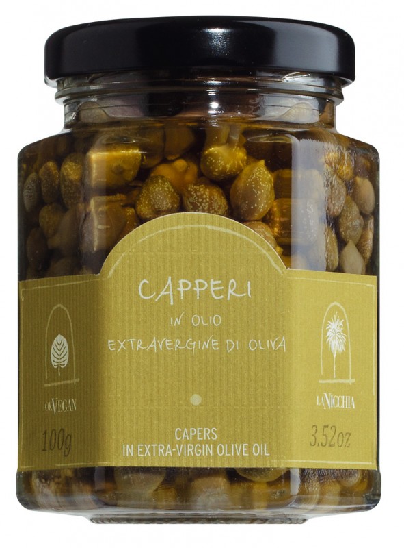 Capperi dalam olio extra vergine d`oliva, caper dalam minyak zaitun extra virgin, La Nicchia - 100 g - kaca