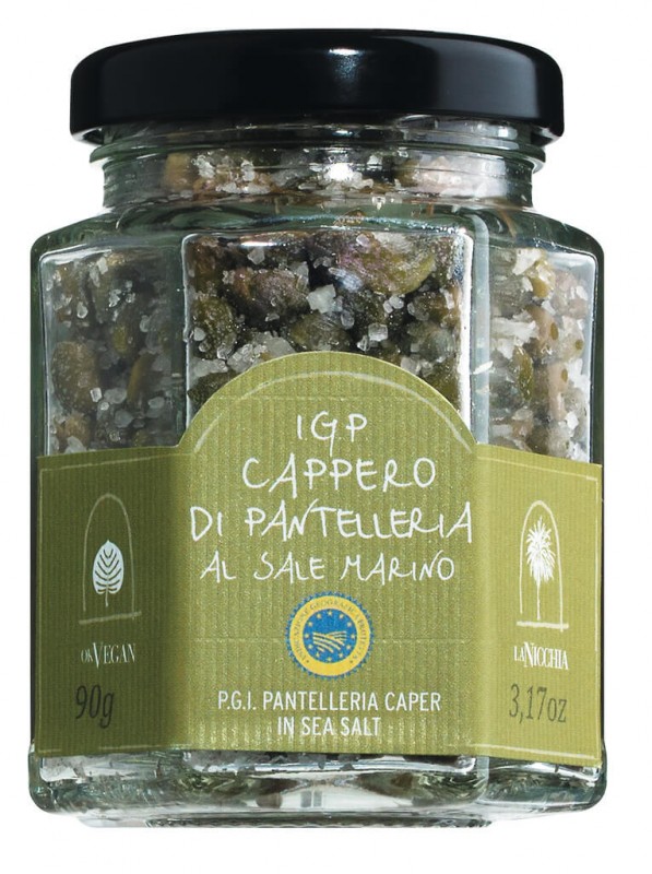 Capperi di Pantelleria IGP al sale marino, kaprikset Pantelleriasta SMM merisuolassa, 4 / 7 mm, La Nicchia - 90g - Lasi