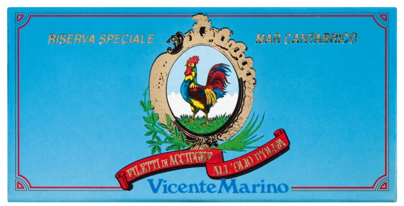Filetti di acciughe dalam olio di oliva, Riserva, fillet ikan bilis dalam minyak zaitun, separuh diawet, Vicente Marino - 50g - kaca