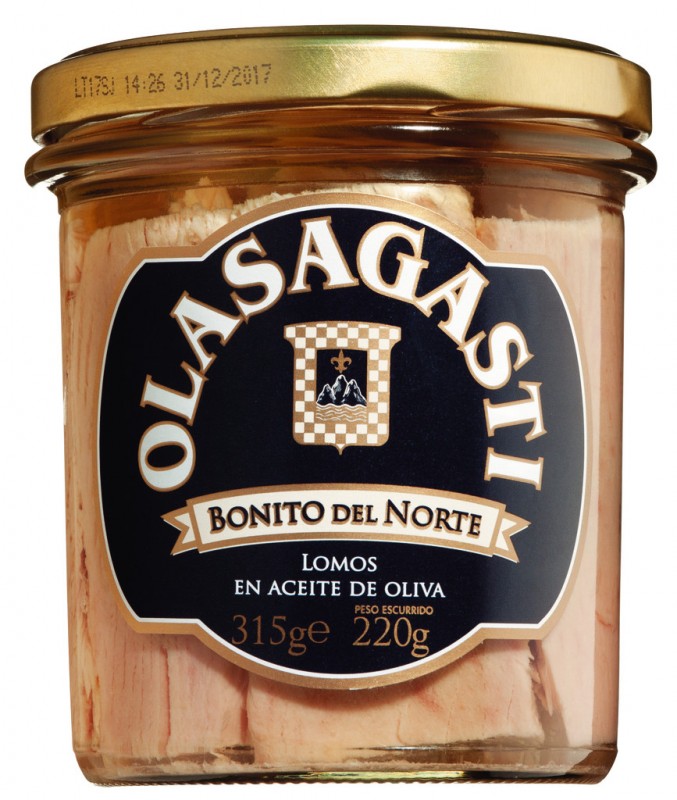 Bonito del Norte lomos en aceite de oliva, pezzi di tonno bonito in olio d`oliva, Olasagasti - 315 g - Bicchiere