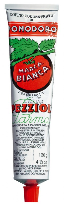 Paste domate, tub i bardhe, Doppio i koncentruar di pomodoro, tubo bianco, Pezziol - 130 g - tub