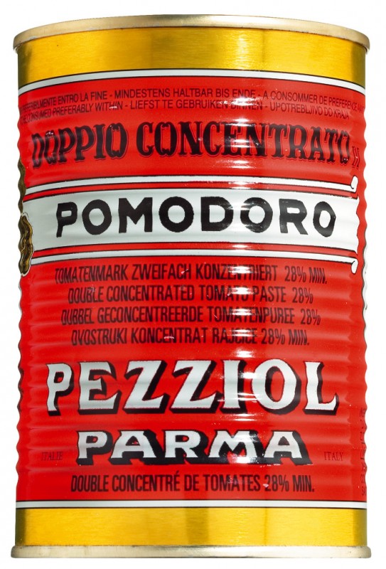 Doppio konsentrert di pomodoro, latta rossa, tomatpure, roed boks, Pezziol - 400 g - kan