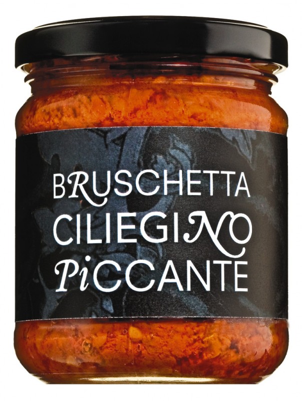 Bruschetta di pomodori ciliegino, piccante, tomate cherry untado con chile, picante, Il pomodoro piu buono - 200 gramos - Vaso