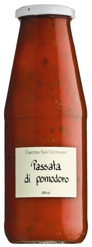 Passata di pomodoro, soseutettua tomaattia basilikan kera, Cascina San Giovanni - 670 ml - Pullo