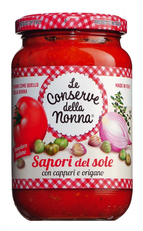 Sugo sapori del sole com capperi e origano, molho de tomate com ervas e legumes, Le Conserve della Nonna - 350g - Vidro