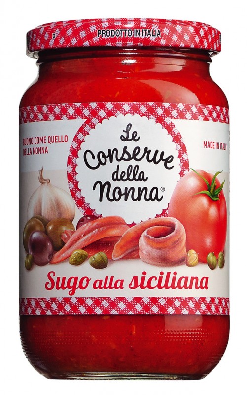 Sugo alla siciliana, tomaattikastike kapriksen ja anjovisen kera, Le Conserve della Nonna - 350g - Lasi