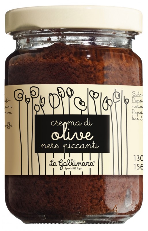 Crema di olive nere piccanti, svart olivkram, kryddig, La Gallinara - 130 g - Glas