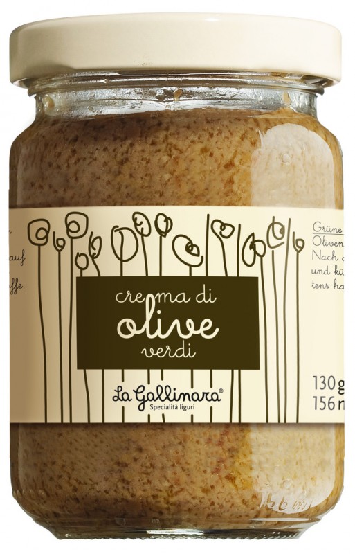 Crema di olive verdi, krim zaitun yang diperbuat daripada buah zaitun hijau, La Gallinara - 130g - kaca Crema di olive verdi, krim zaitun yang diperbuat daripada buah zaitun hijau, La Gallinara - 130g - kaca