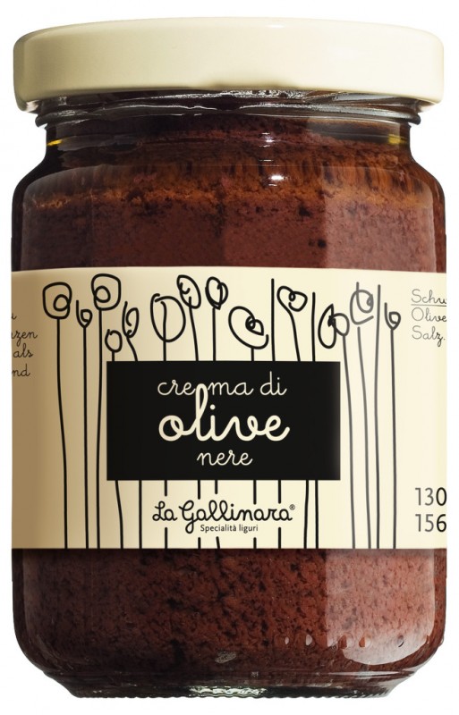Crema di olive nere, crema de aceitunas elaborada con aceitunas negras, La Gallinara - 130g - Vaso