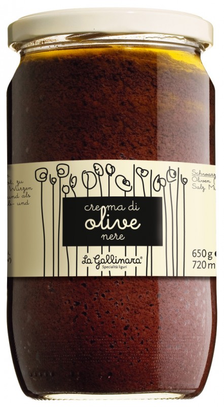 Crema di olive nere, crema de aceitunas elaborada con aceitunas negras, La Gallinara - 650g - Vaso