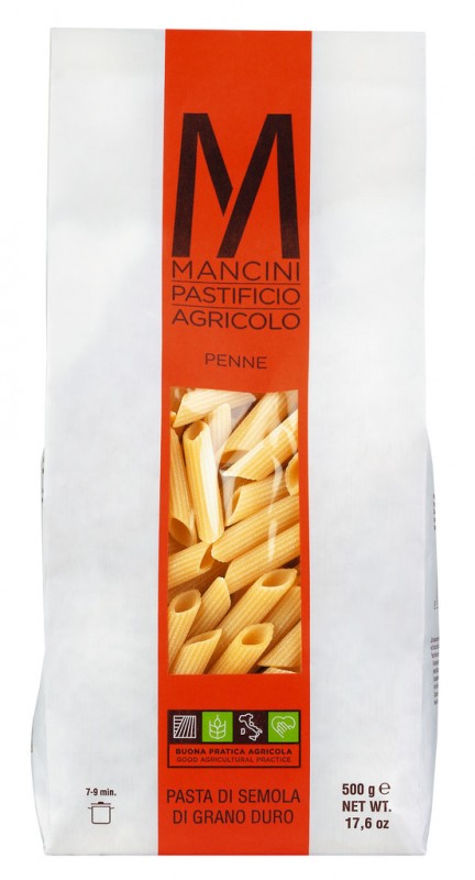 Penne, macarrao de semola de trigo duro ranhurado, Pasta Mancini - 500g - pacote