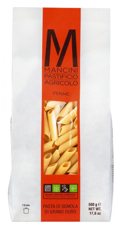 Penne, pasta di semola di grano duro rigata, Pasta Mancini - 500 g - pacchetto