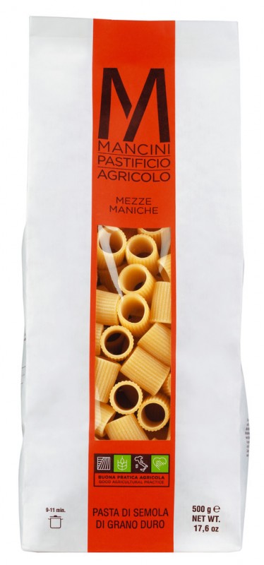 Mezze Maniche, durum hveiti semolina pasta, stort snidh, Pasta Mancini - 500g - pakka