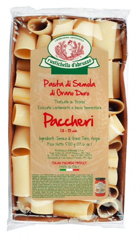 Paccheri, fideus de farina de blat dur, gran format, Rustichella - 500 g - paquet