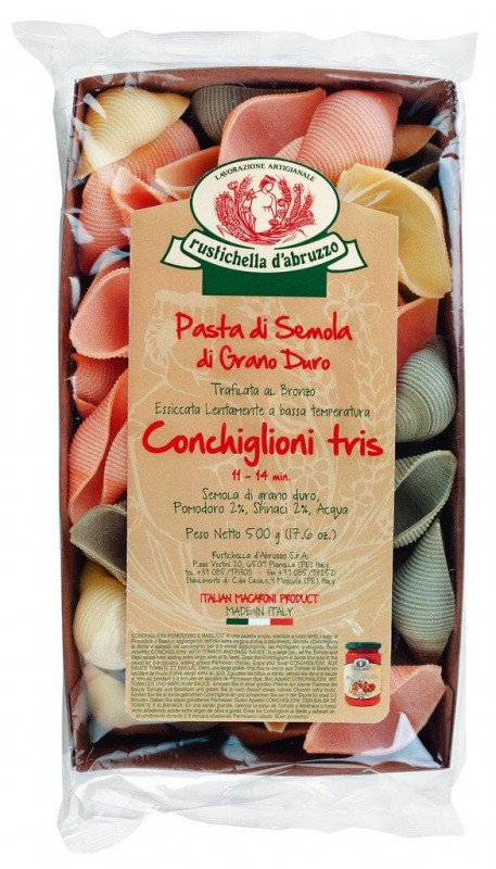 Conchiglioni tris, kolmivarinen jattilaissimpukat, Rustichella - 500g - pakkaus