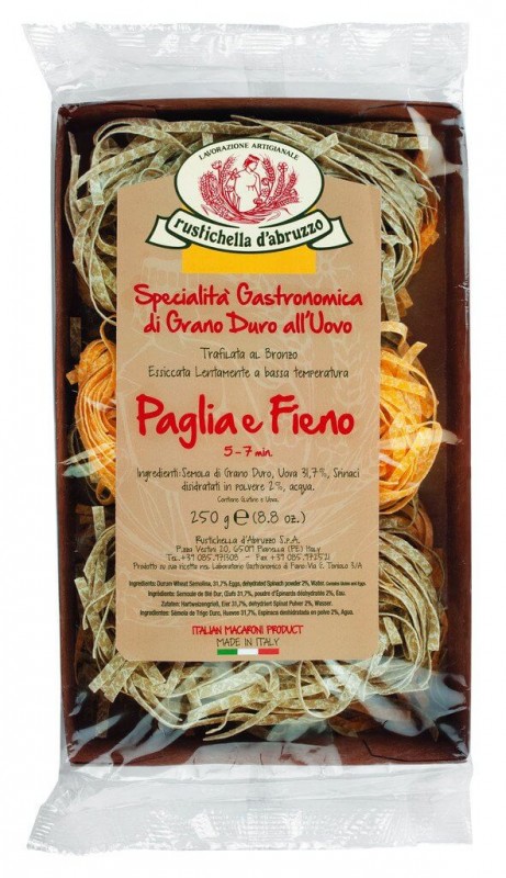 Paglia e Fieno - Fettuccine all`uovo, fideos al huevo verdes y amarillos, 4 mm, Rustichella - 250 gramos - embalar