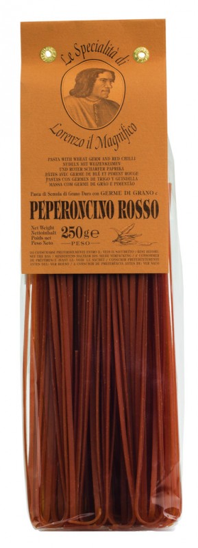 Linguine com pepperoncino, tagliatelle com pimenta e germen de trigo, 3 mm, Lorenzo il Magnifico - 250g - pacote Linguine com pepperoncino, tagliatelle com pimenta e germen de trigo, 3 mm, Lorenzo il Magnifico - 250g - pacote