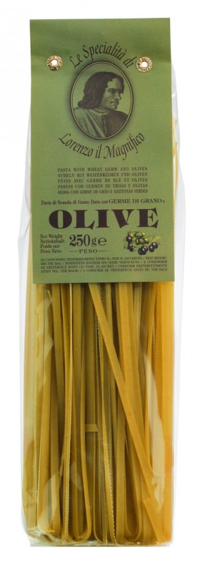 Fettuccine oliiveilla, tagliatelle oliiveilla ja vehnanalkiolla, 5 mm, Lorenzo il Magnifico - 250 g - pakkaus